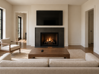 A living room with a TV mounted above a fireplace on the same wall, sofa facing both directly.