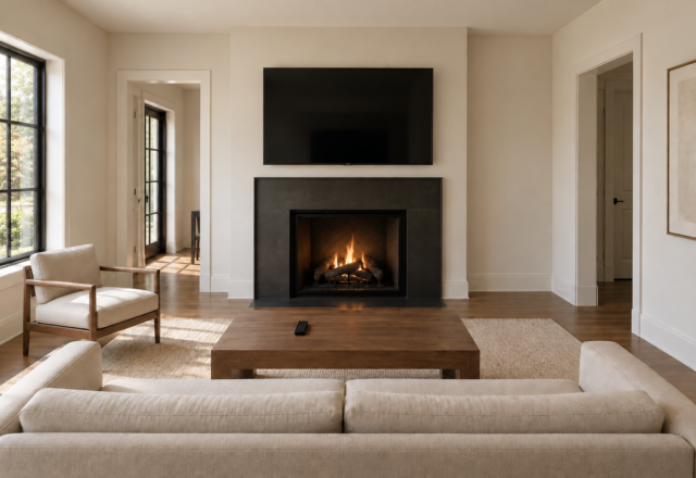 A living room with a TV mounted above a fireplace on the same wall, sofa facing both directly.