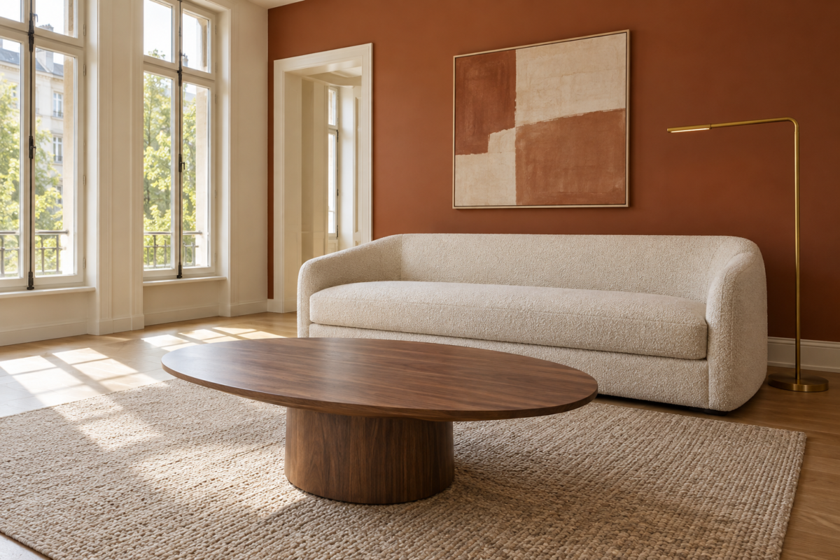 A living room with a terracotta accent wall, a cream boucle sofa, and an oval pedestal coffee table.