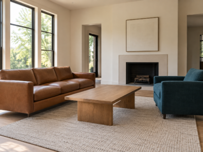 A living room with a cognac leather sofa and a deep teal fabric accent chair shown together.