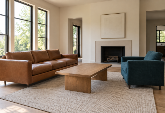 A living room with a cognac leather sofa and a deep teal fabric accent chair shown together.