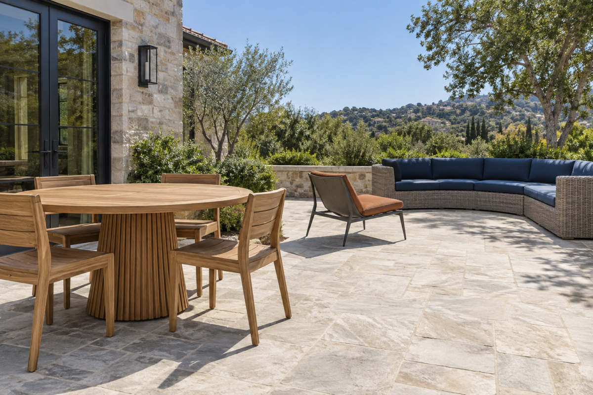 A patio showing teak, powder-coated aluminum, and woven wicker outdoor furniture together.