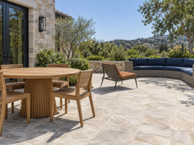 A patio showing teak, powder-coated aluminum, and woven wicker outdoor furniture together.
