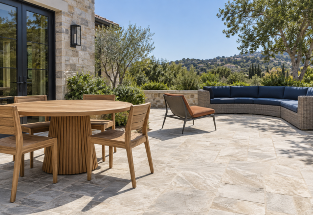 A patio showing teak, powder-coated aluminum, and woven wicker outdoor furniture together.