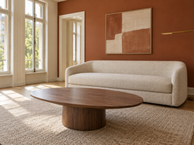 A living room with a terracotta accent wall, a cream boucle sofa, and an oval pedestal coffee table.