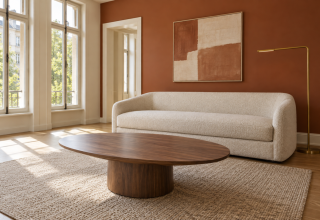A living room with a terracotta accent wall, a cream boucle sofa, and an oval pedestal coffee table.