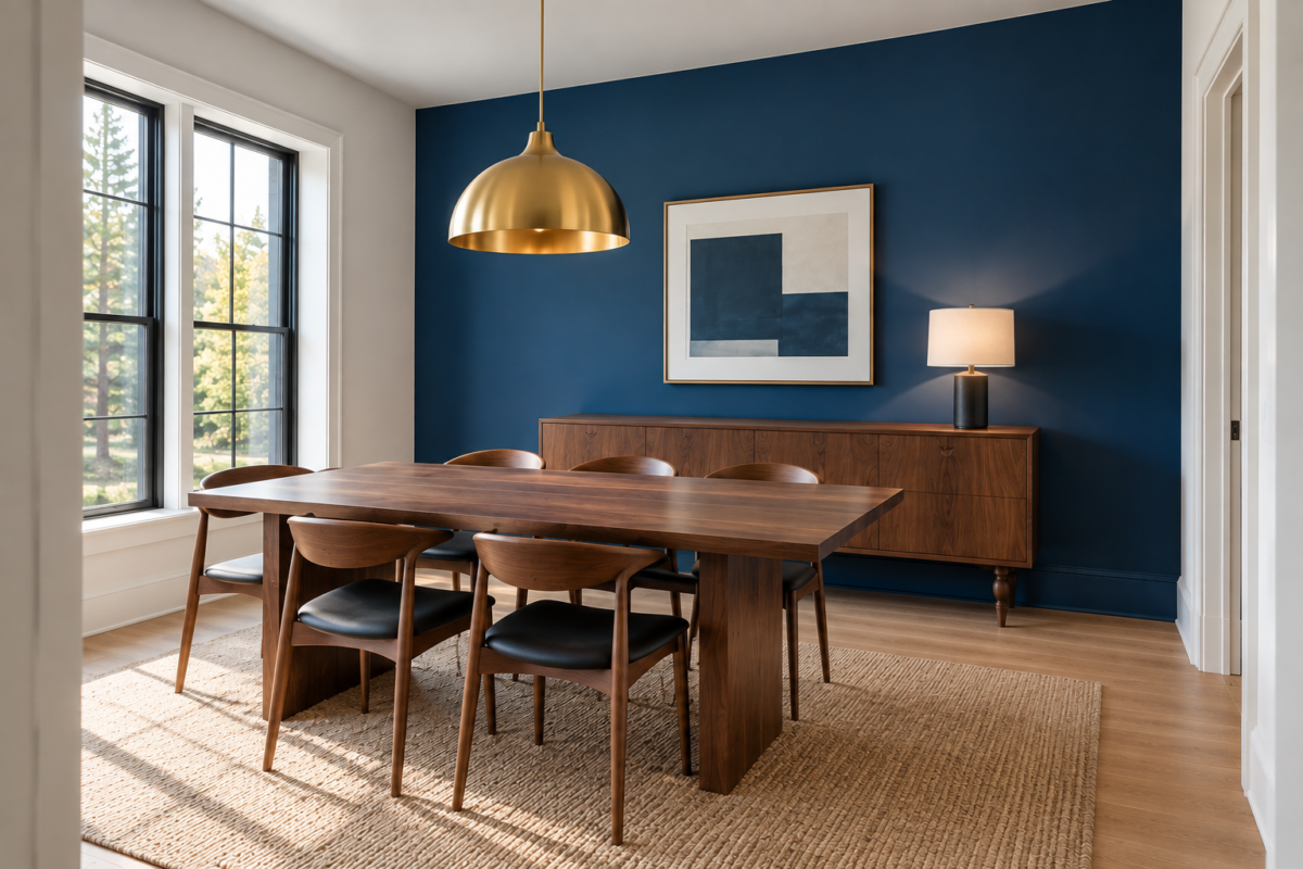 A dining room with a sapphire-blue accent wall behind a walnut sideboard and a sculptural brass pendant.