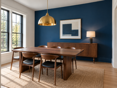 A dining room with a sapphire-blue accent wall behind a walnut sideboard and a sculptural brass pendant.