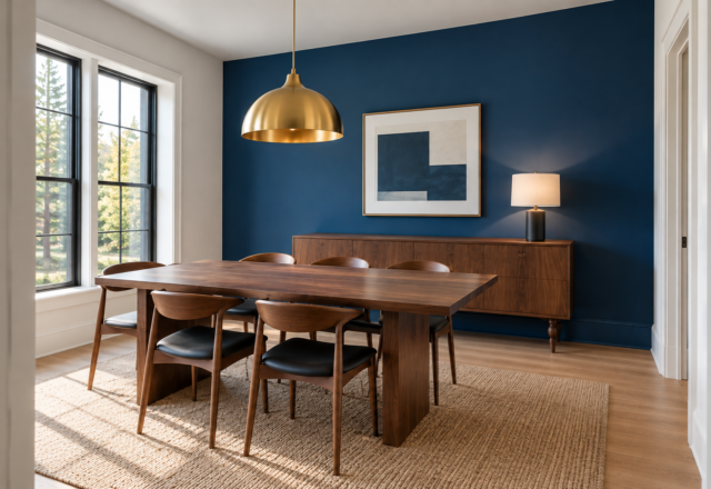 A dining room with a sapphire-blue accent wall behind a walnut sideboard and a sculptural brass pendant.