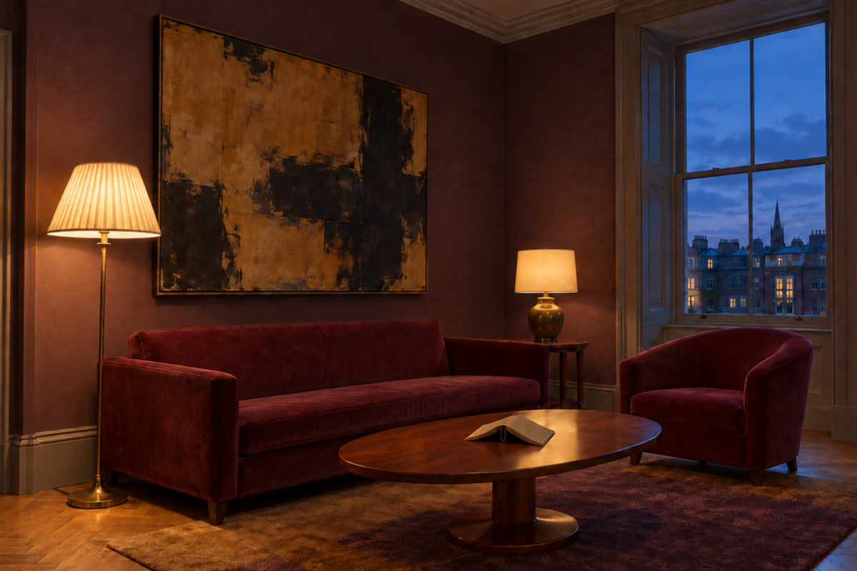 A living room with aubergine walls, a claret velvet sofa, and a cherry coffee table lit by two lamps at dusk.