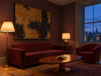 A living room with aubergine walls, a claret velvet sofa, and a cherry coffee table lit by two lamps at dusk.