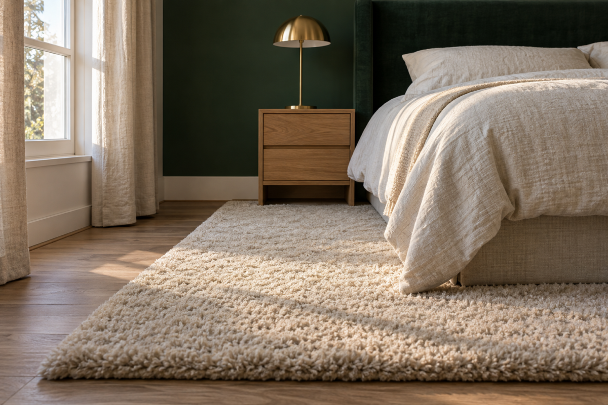 A thick-pile ivory rug beside a bed in a deep green bedroom, lit by low morning light that shows its texture.
