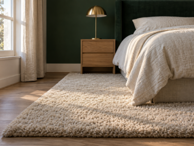 A thick-pile ivory rug beside a bed in a deep green bedroom, lit by low morning light that shows its texture.
