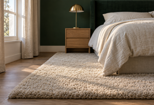 A thick-pile ivory rug beside a bed in a deep green bedroom, lit by low morning light that shows its texture.