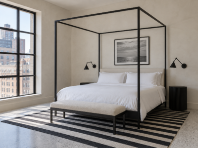 A guest bedroom with a black steel canopy bed, white linen bedding, and a black and white striped rug.