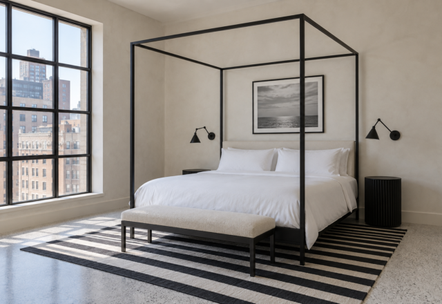 A guest bedroom with a black steel canopy bed, white linen bedding, and a black and white striped rug.