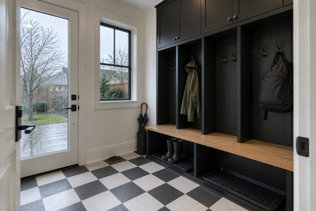 A mudroom with black lockers, an oak bench, and a black and white checkerboard floor, with a wet jacket and boots.