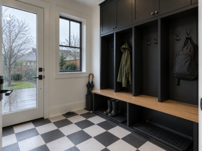 A mudroom with black lockers, an oak bench, and a black and white checkerboard floor, with a wet jacket and boots.