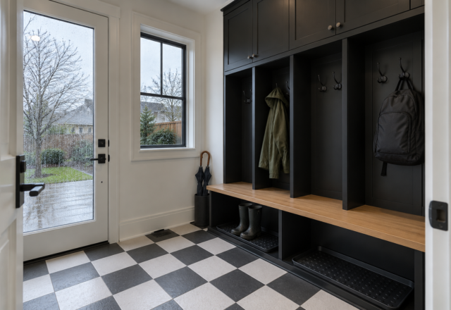 A mudroom with black lockers, an oak bench, and a black and white checkerboard floor, with a wet jacket and boots.