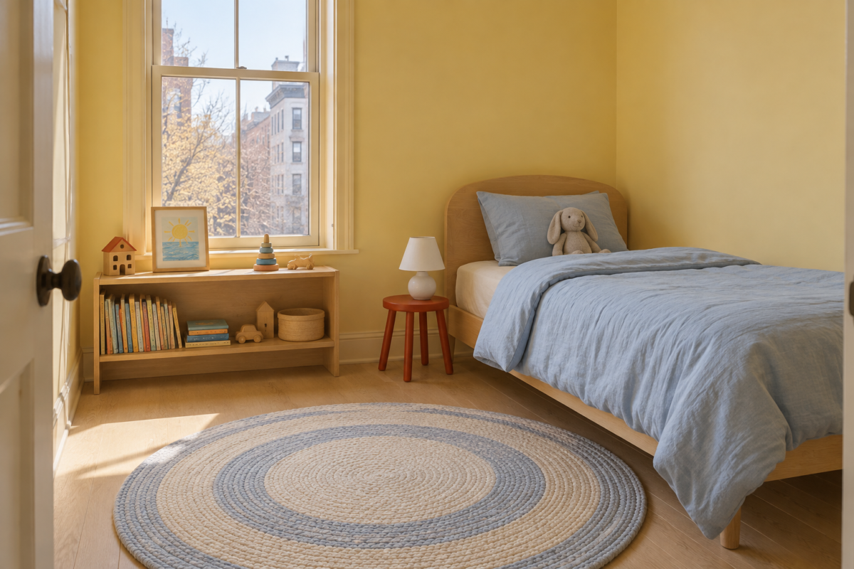 A child's bedroom with butter-yellow walls and ceiling, an ash twin bed with blue bedding, and a low bookshelf under the window.