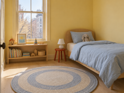 A child's bedroom with butter-yellow walls and ceiling, an ash twin bed with blue bedding, and a low bookshelf under the window.