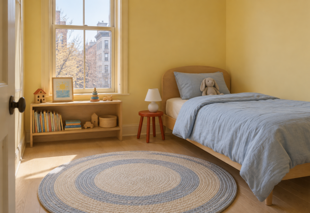 A child's bedroom with butter-yellow walls and ceiling, an ash twin bed with blue bedding, and a low bookshelf under the window.