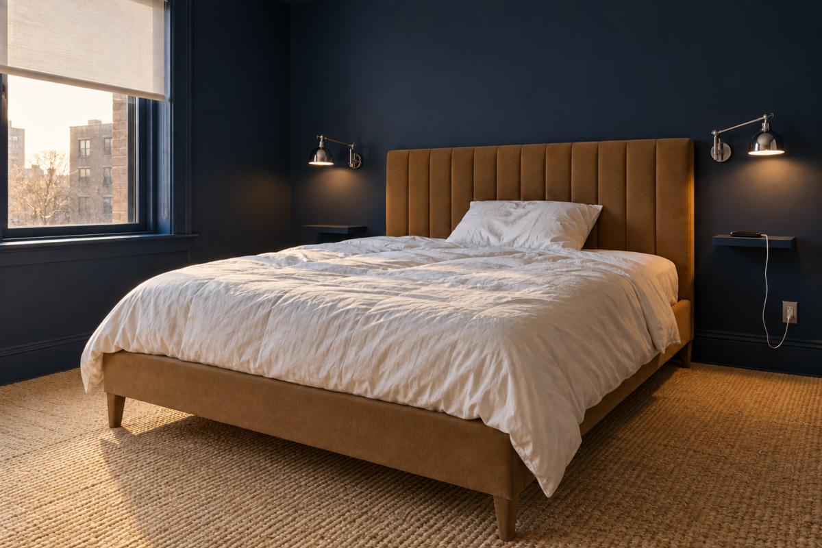 A caramel upholstered platform bed with a channel-tufted headboard in a navy bedroom with a sisal floor.