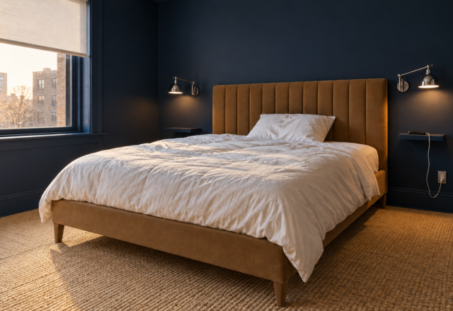 A caramel upholstered platform bed with a channel-tufted headboard in a navy bedroom with a sisal floor.