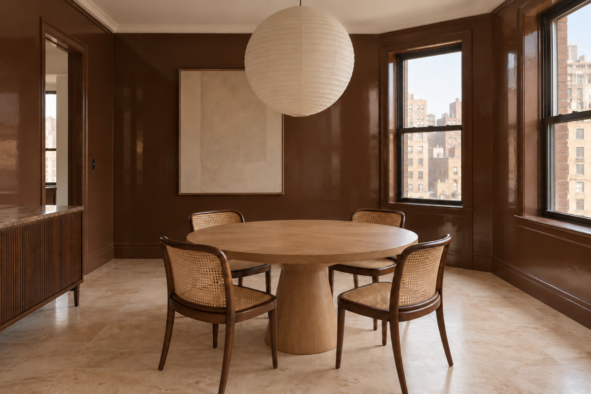 A round oak pedestal dining table with four cane chairs in a dining room with glossy chocolate-brown walls.