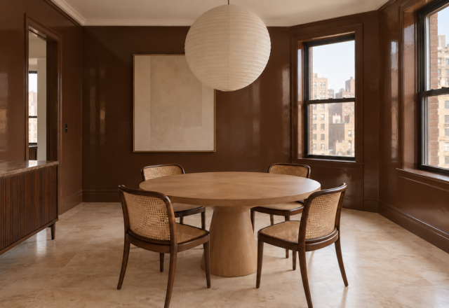A round oak pedestal dining table with four cane chairs in a dining room with glossy chocolate-brown walls.