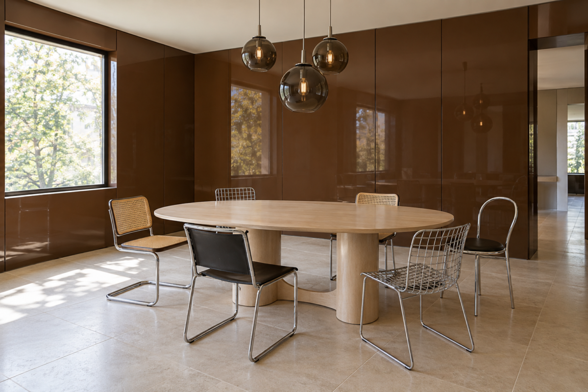 Six chrome dining chairs in four different designs around an oval maple table in a dining room with glossy chocolate brown walls.