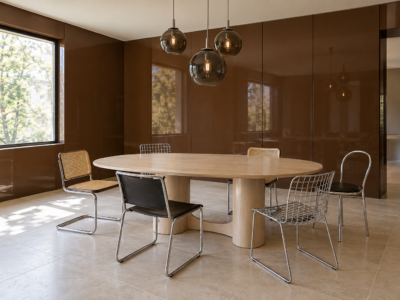 Six chrome dining chairs in four different designs around an oval maple table in a dining room with glossy chocolate brown walls.
