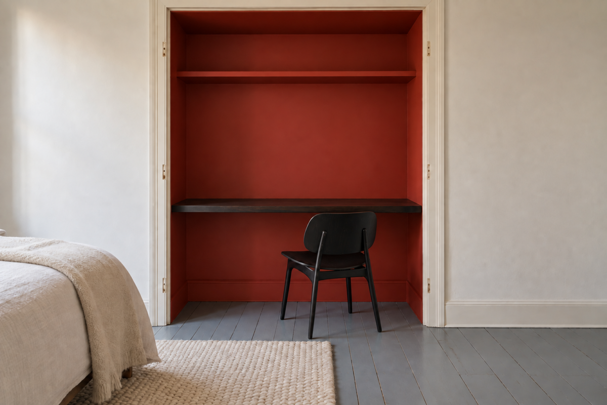A bedroom closet painted red inside and fitted with a slim floating desk and a black wooden chair.
