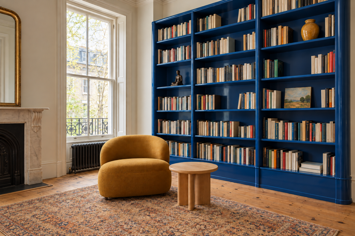 Built-in bookshelves with a glossy cobalt back, full of books and a few objects, beside an ochre lounge chair.