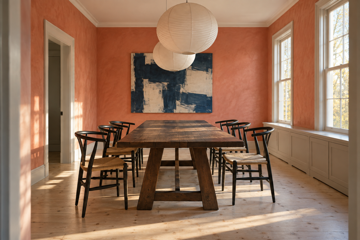 A long dark oak trestle table with rush-seat chairs under two paper lantern pendants in a dining room with coral limewashed walls.