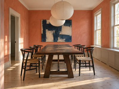 A long dark oak trestle table with rush-seat chairs under two paper lantern pendants in a dining room with coral limewashed walls.