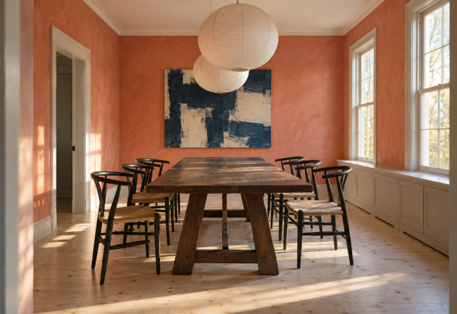 A long dark oak trestle table with rush-seat chairs under two paper lantern pendants in a dining room with coral limewashed walls.