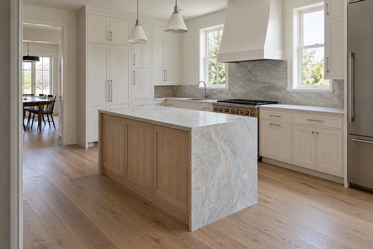 A white oak waterfall-edge kitchen island with a honed quartzite top and clear walking space on every side.