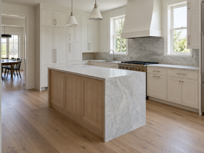 A white oak waterfall-edge kitchen island with a honed quartzite top and clear walking space on every side.