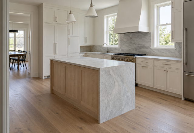 A white oak waterfall-edge kitchen island with a honed quartzite top and clear walking space on every side.