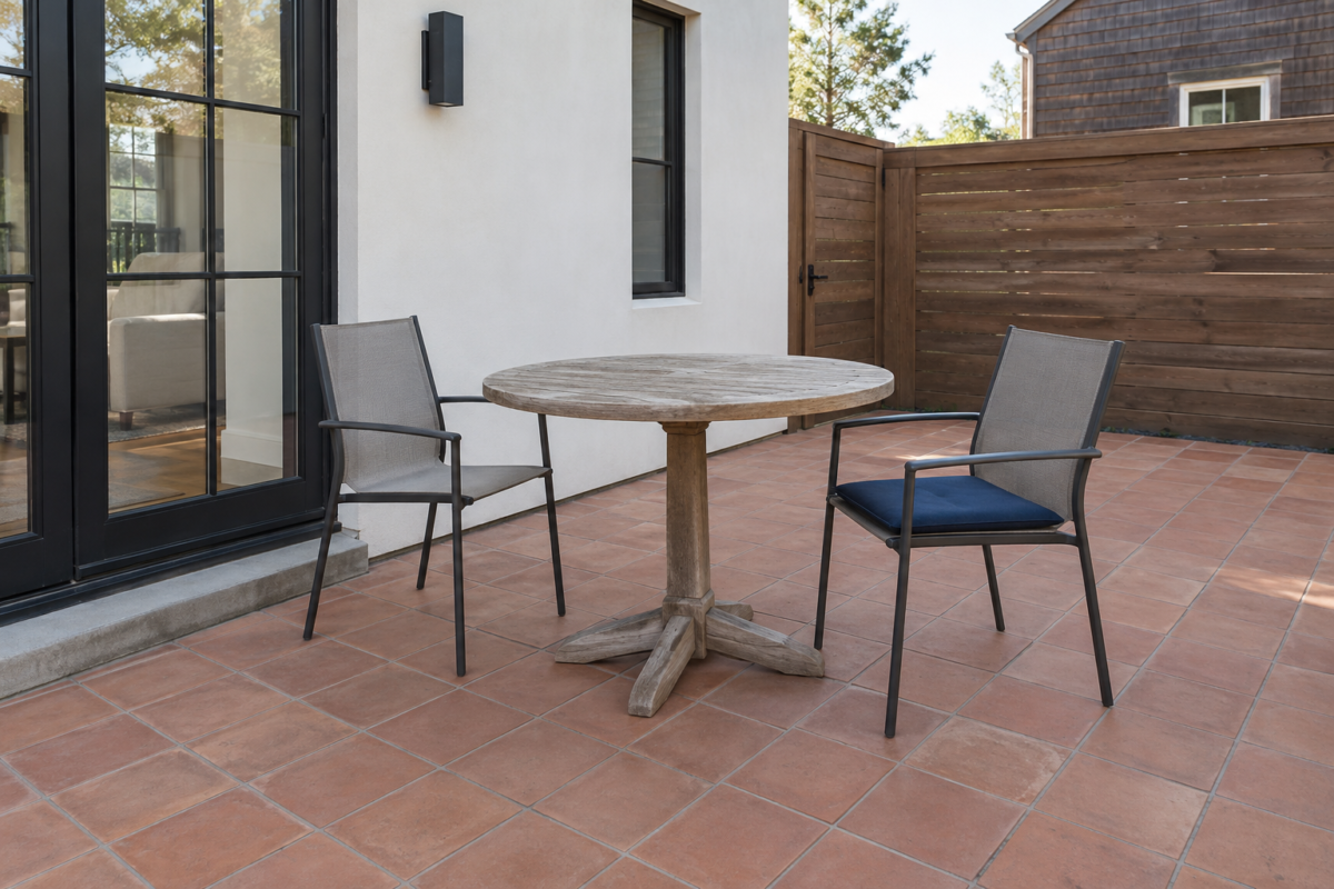 A small patio with a round teak pedestal table and two sling chairs, sized to leave clear space around it.