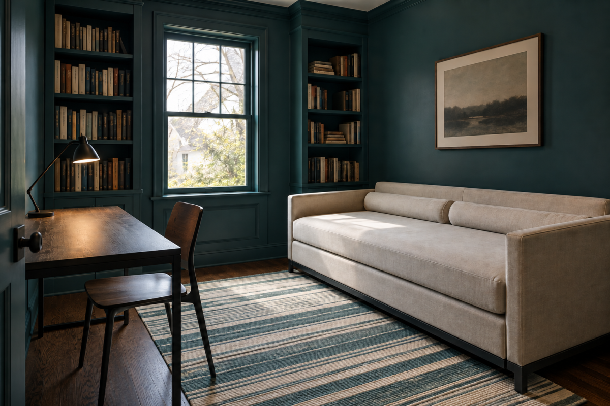 A daybed in oatmeal linen used as a sofa in a small study with teal walls and shelves.