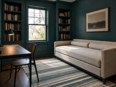 A daybed in oatmeal linen used as a sofa in a small study with teal walls and shelves.