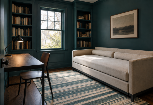 A daybed in oatmeal linen used as a sofa in a small study with teal walls and shelves.
