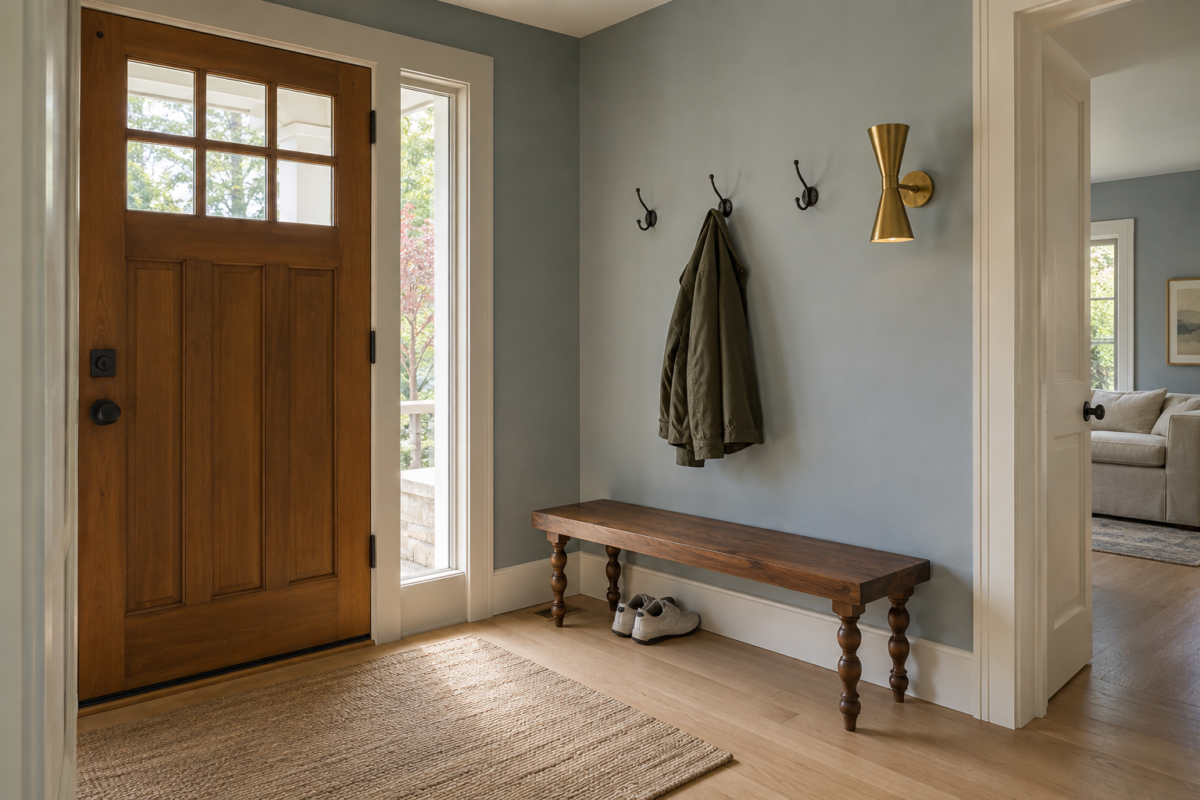 A dusty blue-gray entryway with a walnut bench, brass hooks, and a sculptural brass wall sconce.