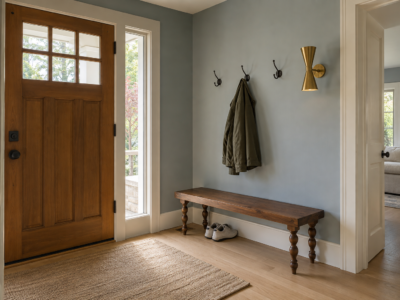 A dusty blue-gray entryway with a walnut bench, brass hooks, and a sculptural brass wall sconce.