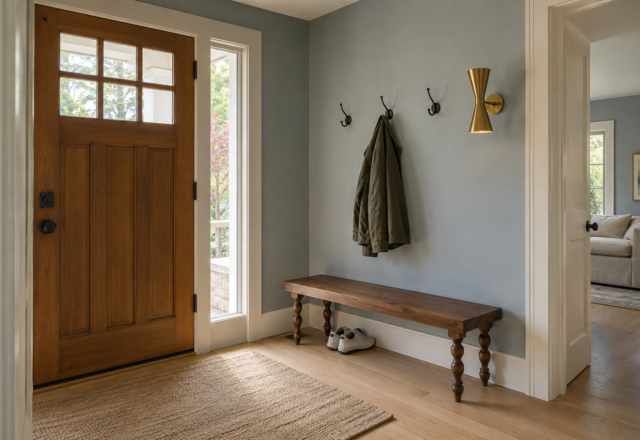 A dusty blue-gray entryway with a walnut bench, brass hooks, and a sculptural brass wall sconce.