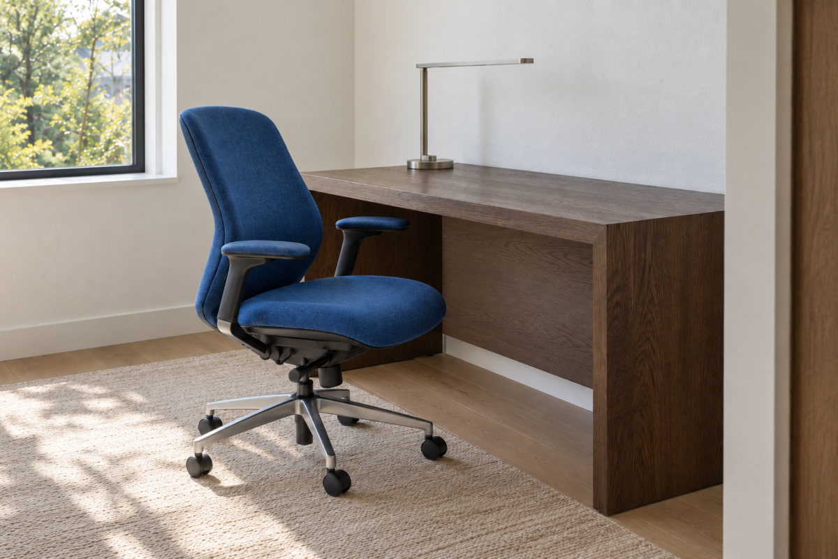 A cobalt-blue upholstered ergonomic task chair at a chocolate-stained oak desk in a home office.