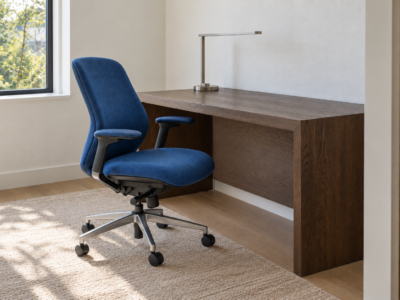 A cobalt-blue upholstered ergonomic task chair at a chocolate-stained oak desk in a home office.