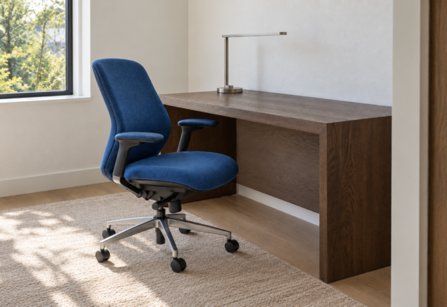 A cobalt-blue upholstered ergonomic task chair at a chocolate-stained oak desk in a home office.